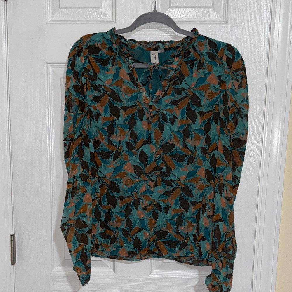 Nordstrom Teal, Black and Brown Leaf-Print Long-Sleeve Blouse Size M
